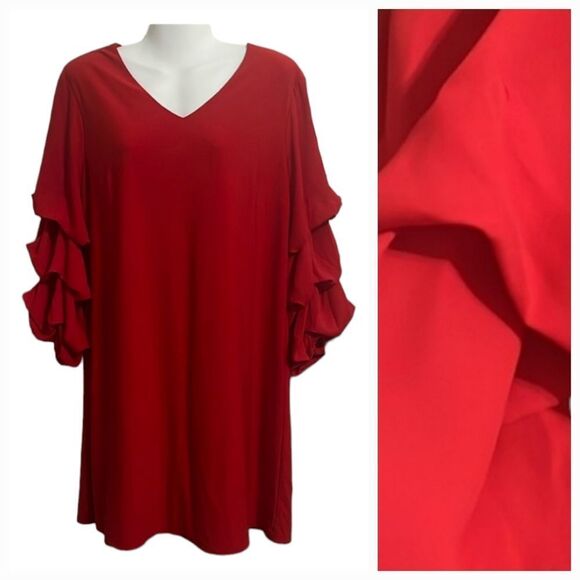 CATO Red Shift Dress Mameluke Tiered Puff Sleeve A-line V-Neck Flowy Midi Knee L - Picture 1 of 10
